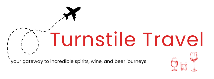 Logo with a black airplane illustration and red text 'Turtle Travel' alongside red icons of three different drink glasses.