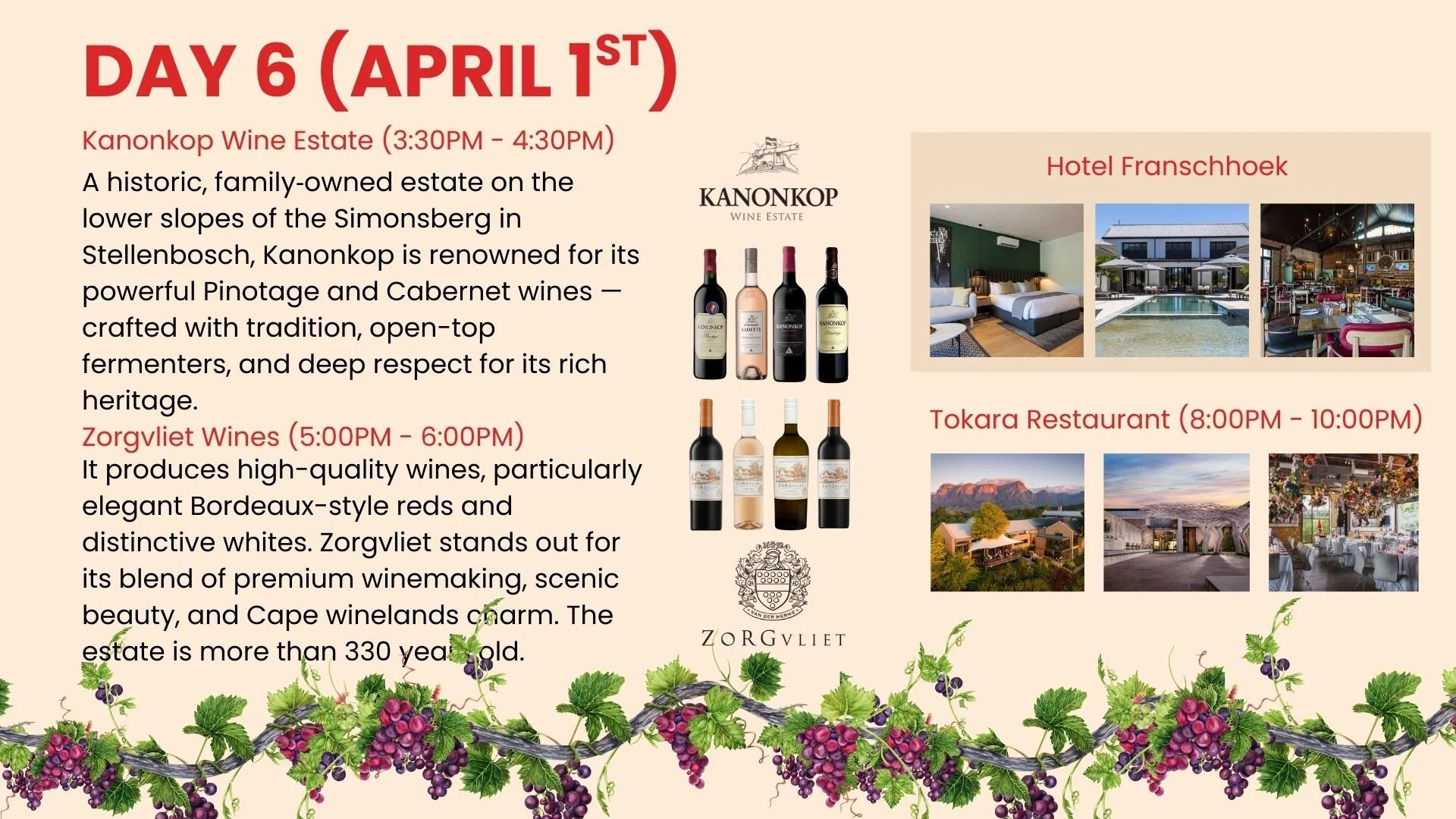 Event schedule for Day 6, April 1st, with details about winery, hotel, and restaurant visits, along with images of the winery, hotel, and restaurant. The schedule includes times and descriptions of each location, and a decorative border of grapevines at the bottom.