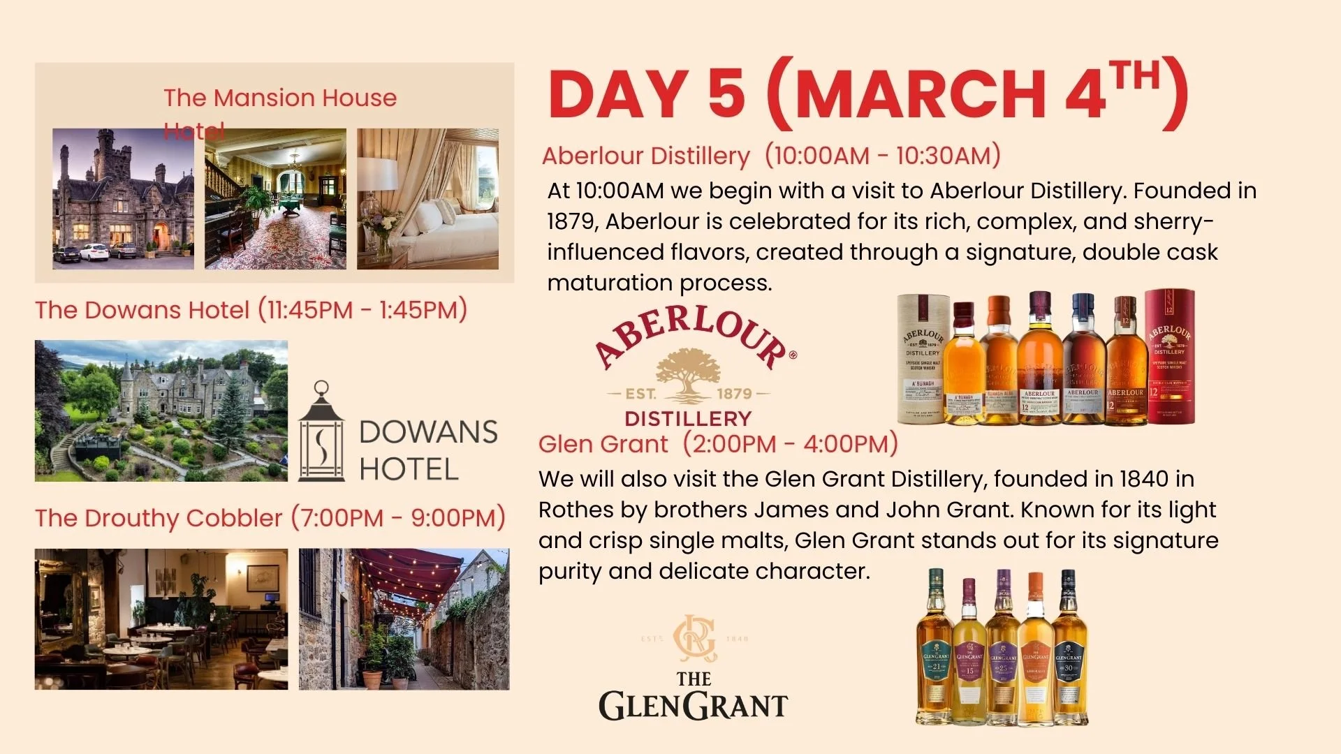 Schedule of day five activities at a distillery tour on March 4th, including visits to the Aberlour Distillery from 10:00AM to 10:30AM, the Downes Hotel from 11:45AM to 1:45PM, and the Glen Grant Distillery from 2:00PM to 4:00PM, with images of historic buildings, hotel interior, and whiskey bottles.
