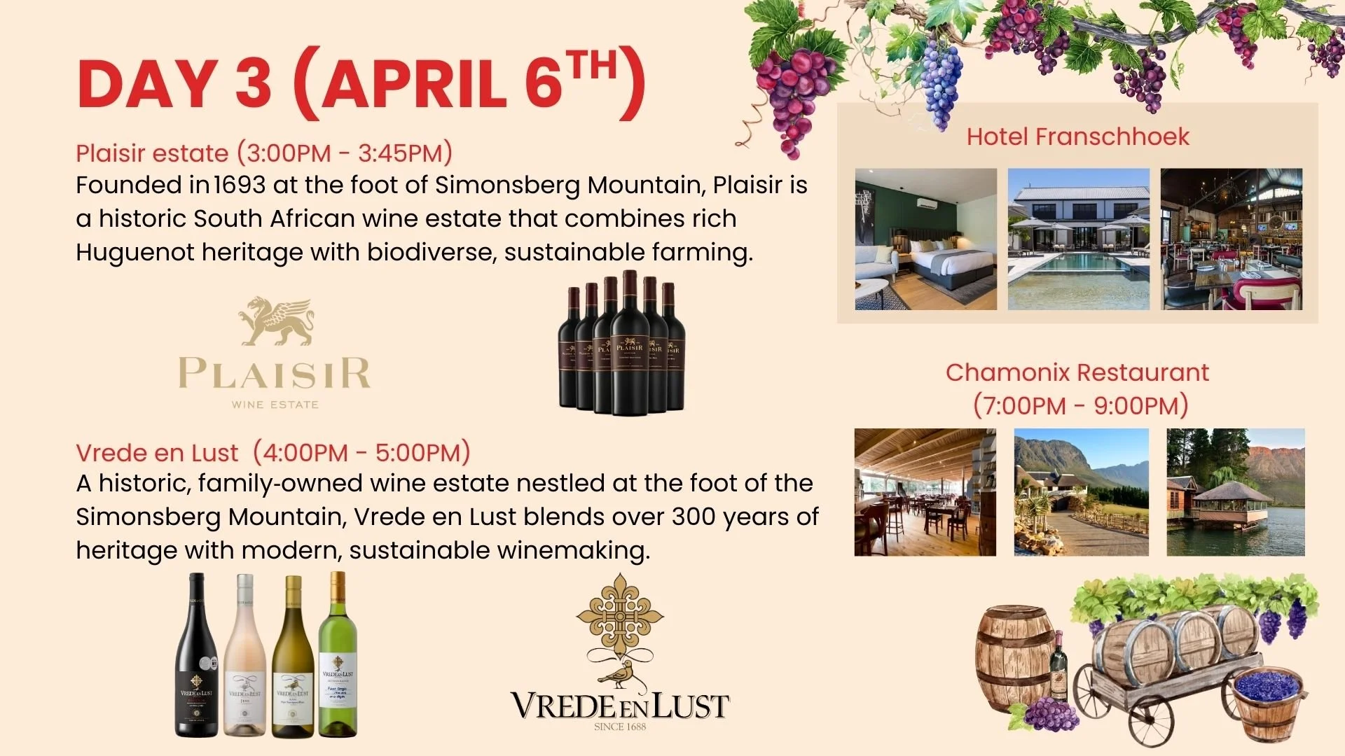 Schedule for Day 3 (April 6th) at a South African wine estate with details of winery tours, accommodation, and dining experiences, including images of wine bottles, vineyard, and scenic locations.