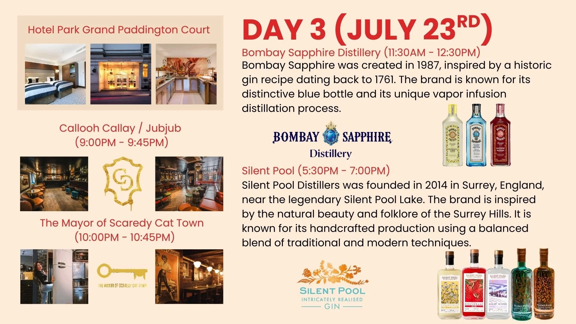 Event schedule for a hotel, listing activities including a visit to Bombay Sapphire Distillery, Callooh Callay/Jubjub, and The Mayor of Scaredy Cat Town, with descriptions and images of each venue.