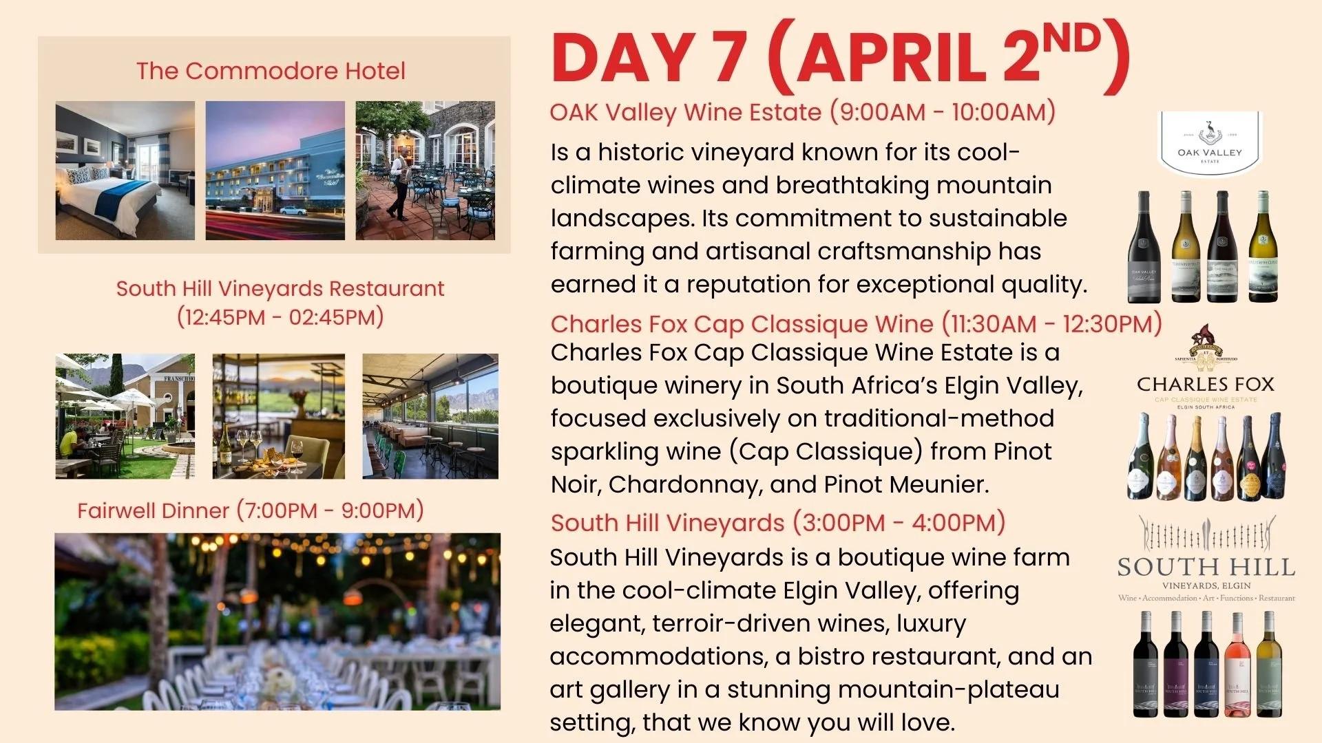 A schedule and promotional flyer for a wine event on April 2nd, featuring images of hotels, vineyards, restaurants, and wine bottles. The flyer provides details about scheduled activities at The Commodore Hotel, South Hill Vineyards Restaurant, and Fairwell Dinner, with descriptions of winery and restaurant highlights, and images of dining and accommodation settings.