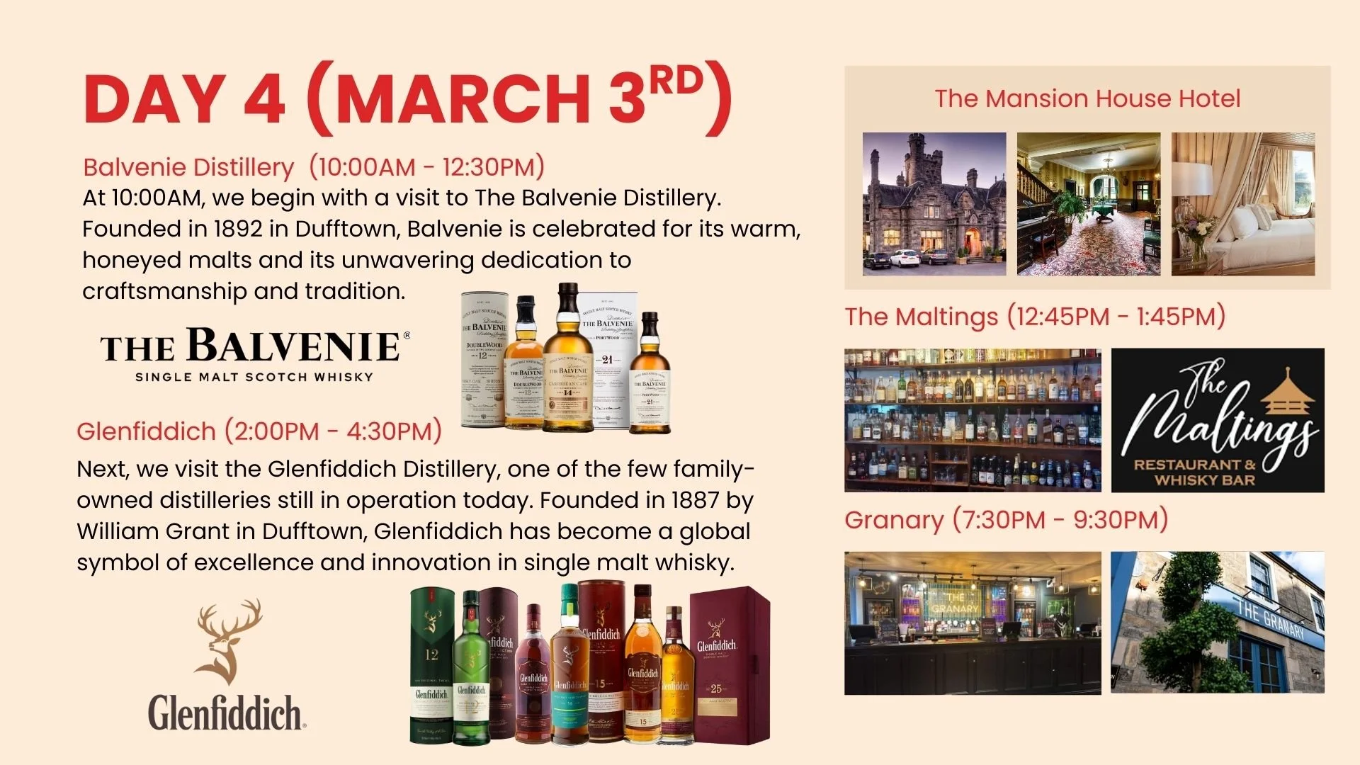 Schedule for Day 4 of a whisky tour with visits to Balvenie Distillery, Glenfiddich, The Mansion House Hotel, The Maltings, and Granary, including times and brief descriptions of each location.