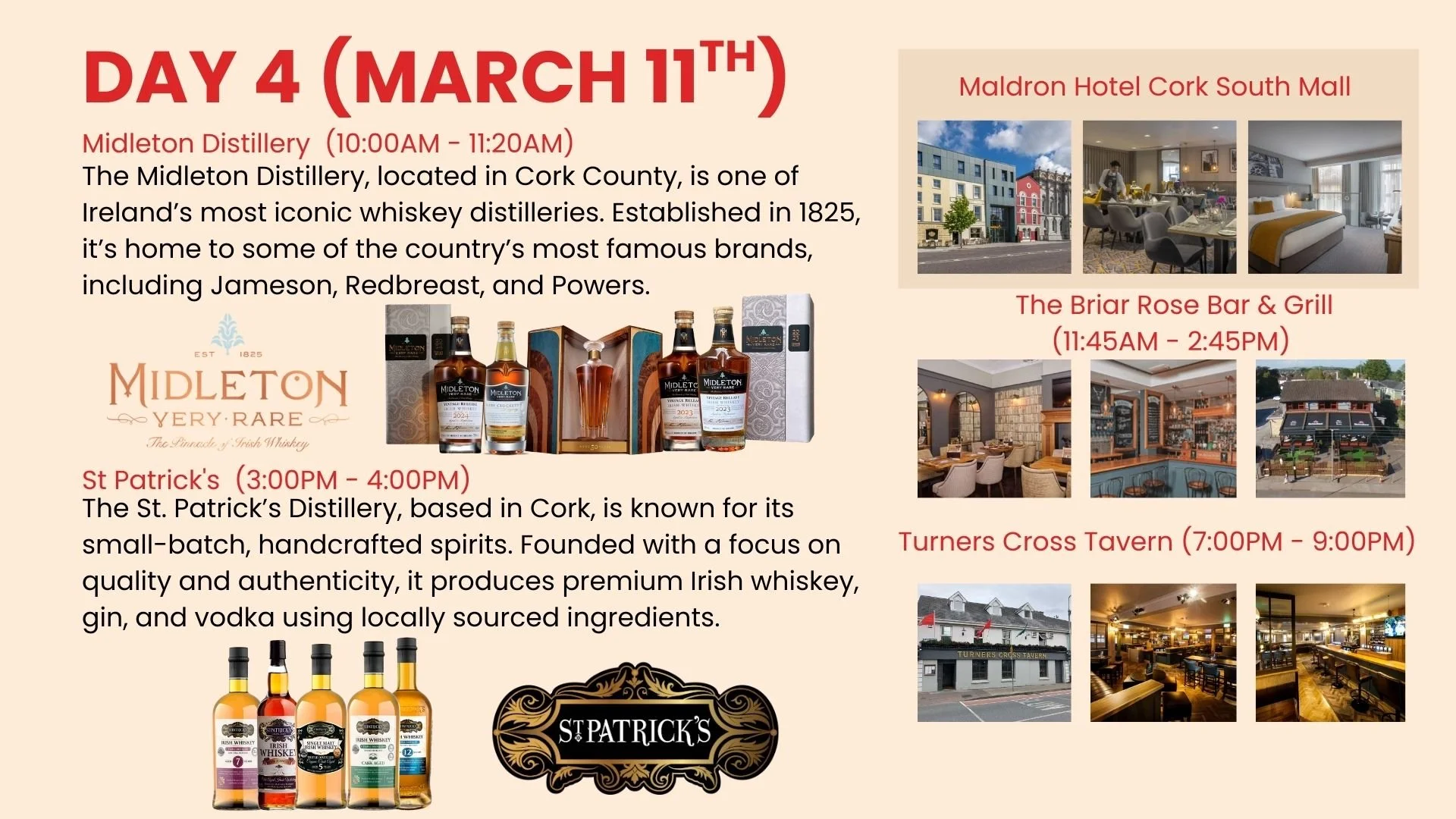 Event schedule for Day 4, March 11, featuring whiskey distillery tour at Middleton Distillery from 10:00 AM to 11:20 AM, visit to Maldron Hotel Cork South Mall with images of the hotel exterior and rooms, the Briar Rose Bar & Grill with interior and exterior photos, St. Patrick's Distillery with images of bottles, Turners Cross Tavern with photos of the exterior and interior, and text describing the activities and locations.