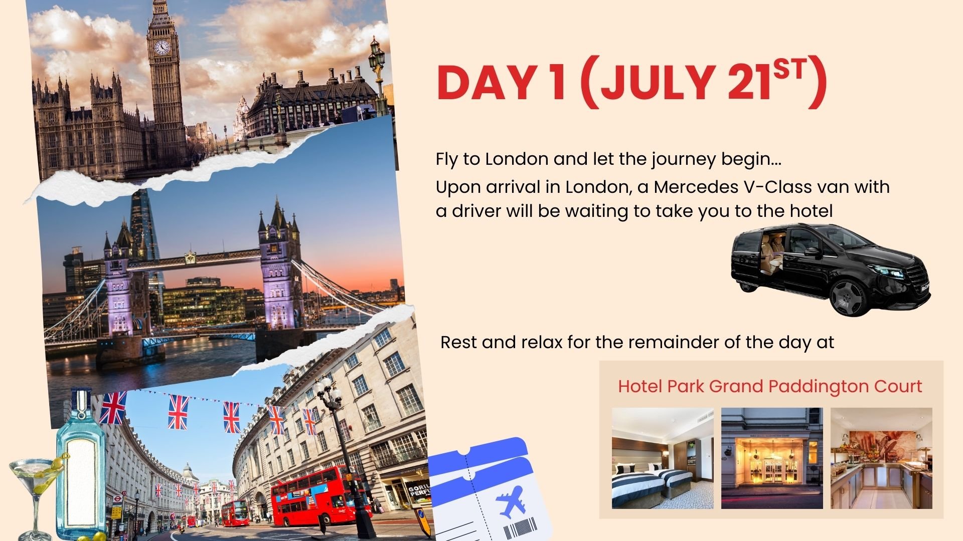 Travel itinerary for London trip on July 21st, featuring images of Big Ben, Tower Bridge, and a street scene with British flags, a double-decker bus, and a cocktail glass with a bottle of alcohol.