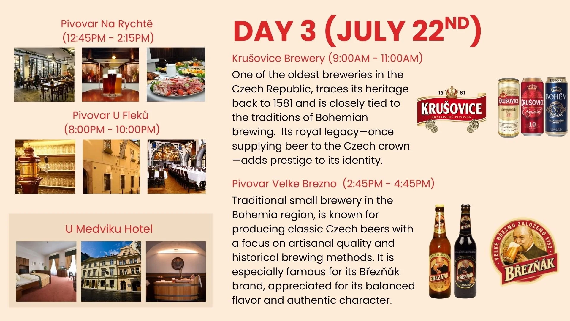 An event schedule for day 3 of a Czech beer festival on July 22nd, listing brewery visits at Pivovar Na Rychťe, Pivovar U Fleku, Pivovar Velke Brezno, and U Medviku Hotel, with corresponding times, descriptions, and photos of breweries, beer, and accommodations.