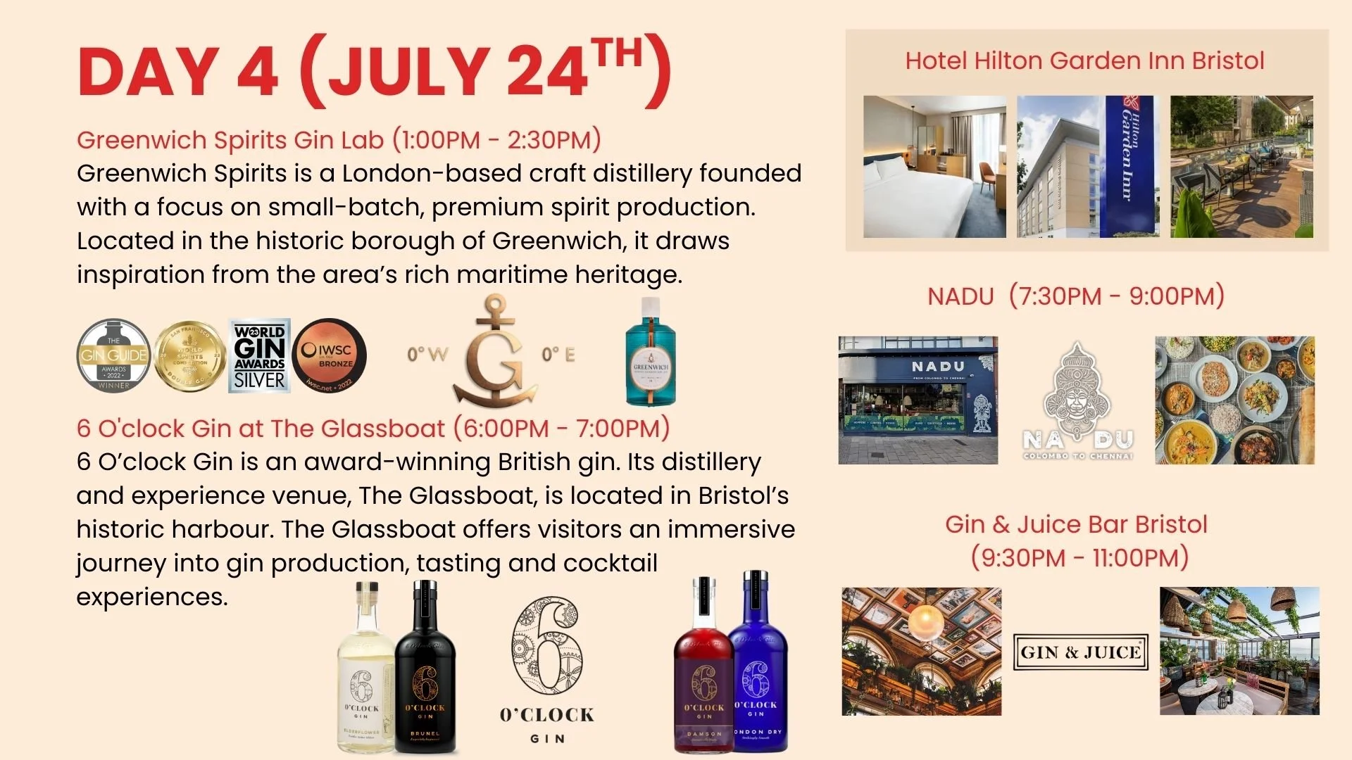 Schedule for July 24th event at Greenwhich Spirits with details of activities, locations, and times, including a gin lab, visit to The Glassboat, and a bar in Bristol.