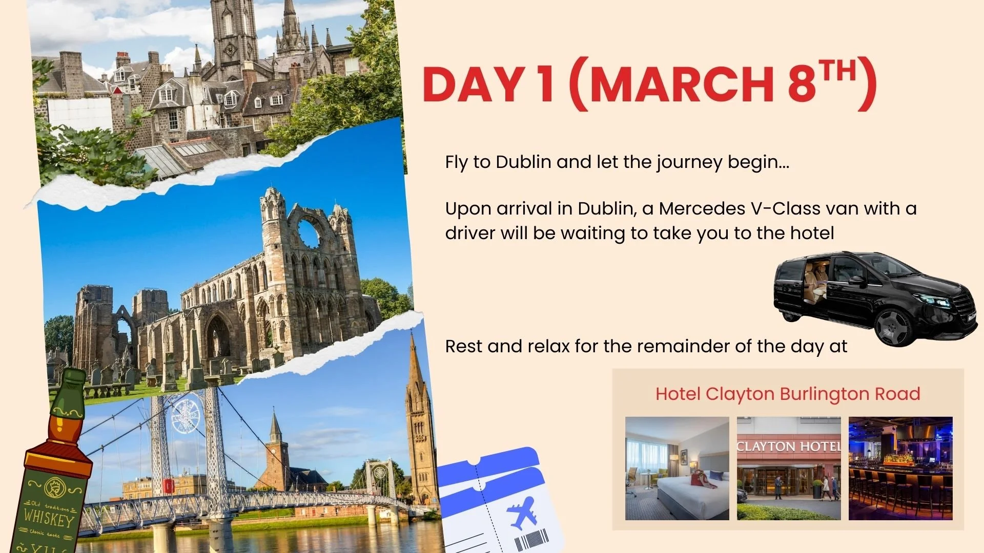 Travel itinerary flyer for a trip to Dublin, Ireland, starting on March 8th. Features images of Dublin landmarks, a Bible, a bottle of whiskey, a hotel, and a bar, with text inviting travelers to fly to Dublin, meet a driver, and relax at the hotel.