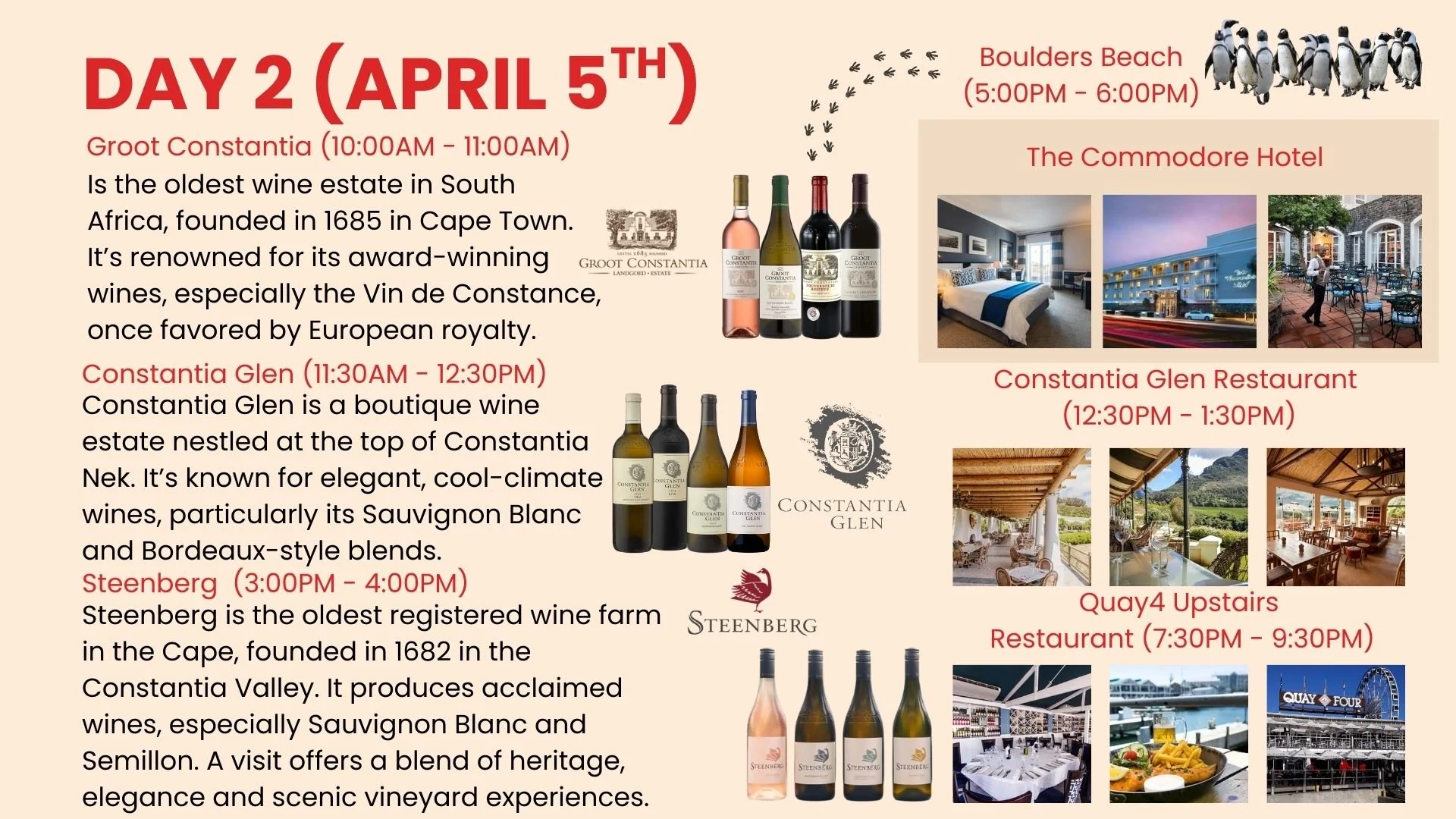 Schedule and images of a winery tour and hotel accommodations for Day 2 on April 5th. Includes descriptions of wine tastings at Groot Constantia, Constantia Glen, and Steenberg, with pictures of wines, hotel rooms, a restaurant, a beach, and a waterfront restaurant with outdoor dining.