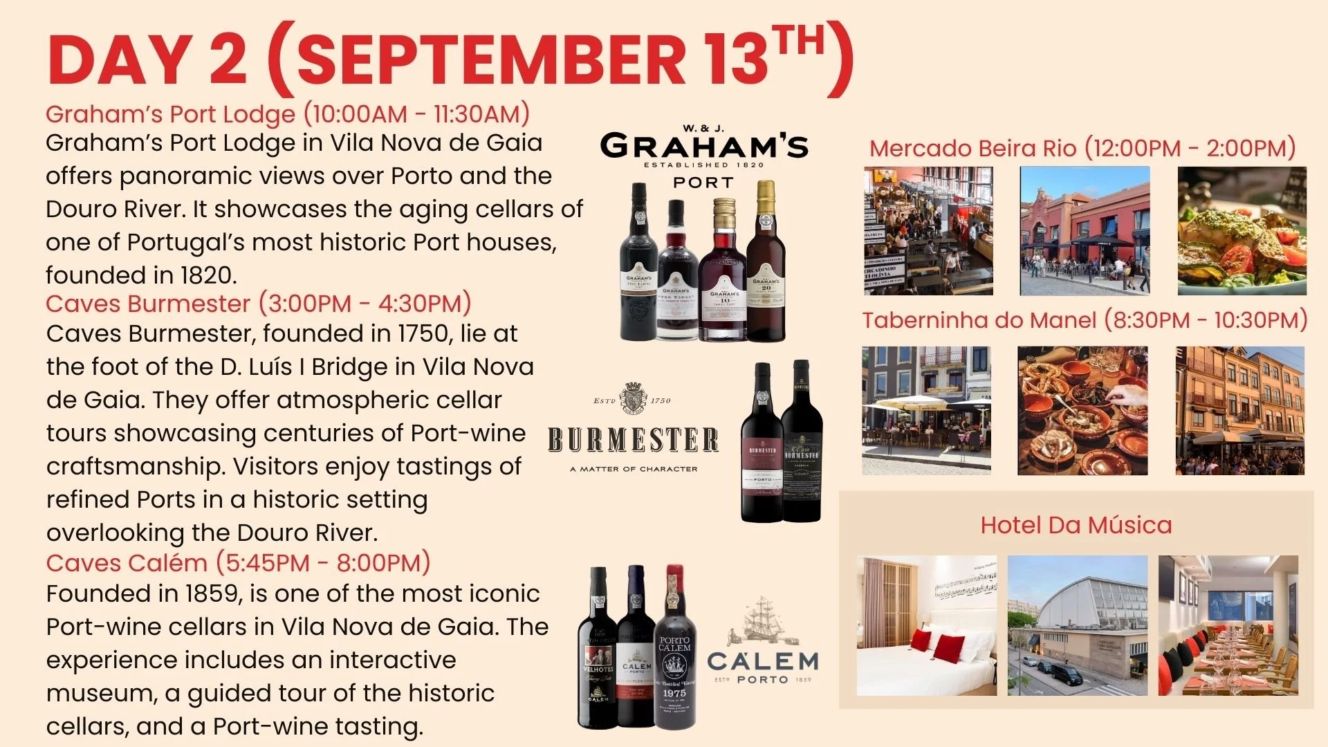 Schedule for Day 2 on September 13th featuring events at Graham's Port Lodge, Caves Burmester, Caves Calém, Mercado Beira Rio, Taberninha do Manel, and Hotel Da Música, with times, descriptions, and images of wine bottles, markets, dining, and hotel.