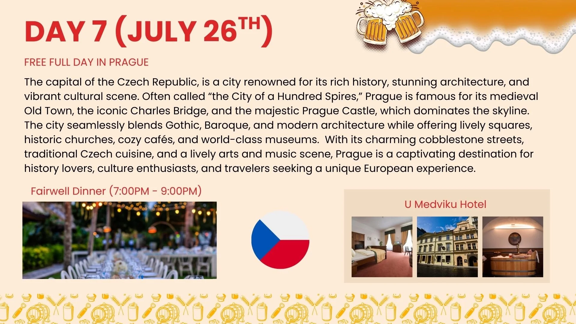 A detailed event description promoting a free day in Prague on July 26th, including historical and cultural attractions. The top right features an illustration of beer mugs with foam. The bottom left shows a blurred outdoor dining setup with string lights, and the bottom right has three images of hotel rooms and a spa, along with a Czech flag icon.