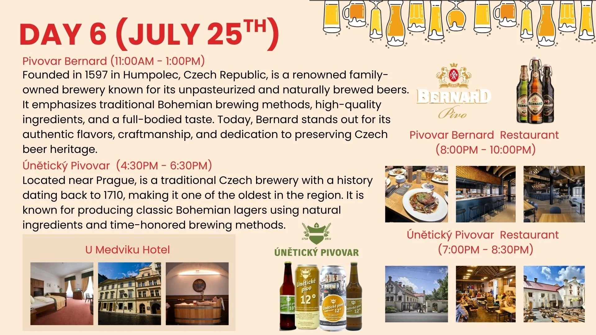 A detailed event flyer highlighting day 6 activities with Czech beer and restaurant images. Features dates, times, descriptions, beer bottles, logos, and photos of restaurants, hotel, and beer.