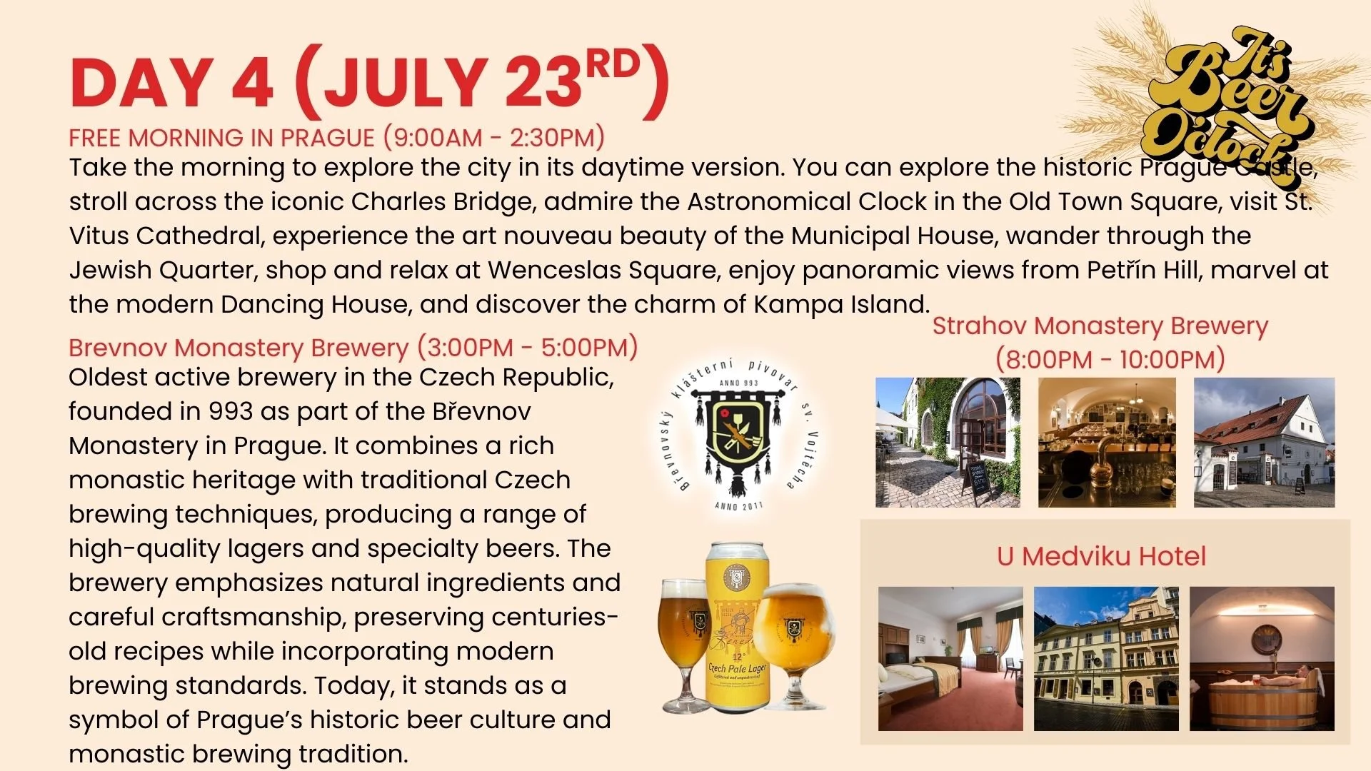 A promotional event schedule for Day 4, July 23rd, with details of activities including exploring Prague, visiting breweries and hotels, with photos of breweries, a hotel interior, and a beer glass.