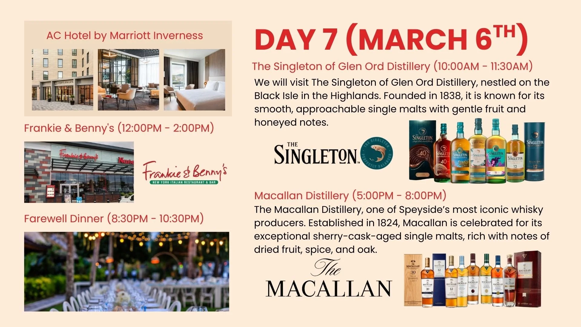 Details of a day trip scheduled for March 6th at AC Hotel by Marriott Inverness with visits to The Singleton of Glen Ord Distillery, Frankie & Benny's restaurant, and Macallan Distillery, including specific times and brief descriptions of each location.