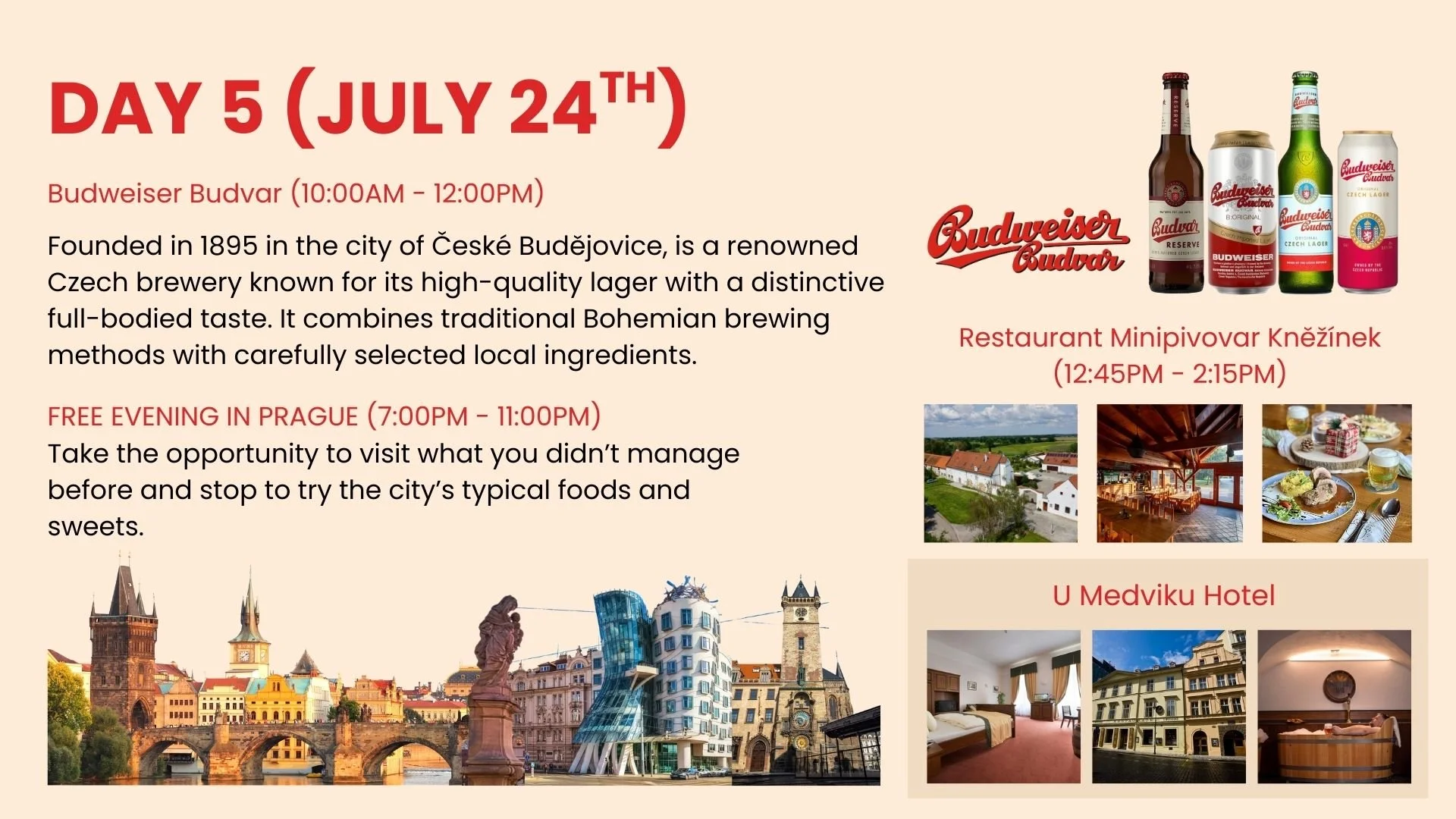 A detailed itinerary of a multi-day trip including events, locations, and activities in Prague. Highlights include a daytime beer tasting at Budweiser Budvar, an evening tour of the city, a visit to a restaurant, and accommodations at U Medviku Hotel. The image features event titles, times, descriptions, and photographs of Prague landmarks, food, and hotel rooms.