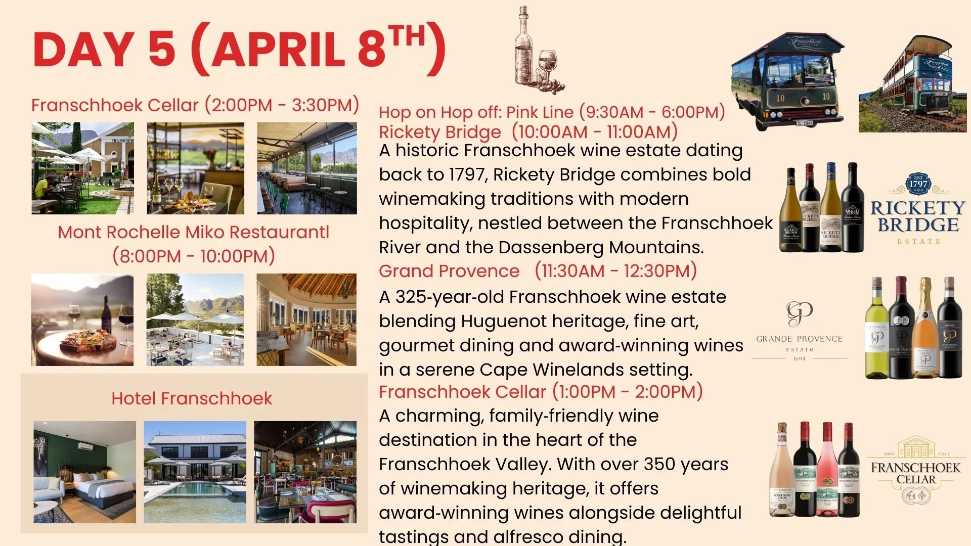 Schedule for Day 5 of an event on April 8th featuring visits to Franschhoek Cellar, Rickety Bridge, Mont Rochelle Miko Restaurant, Hotel Franschhoek, and Grand Provence, with descriptions of activities and times, and images of wine bottles, a train, a terrace, and indoor spaces.