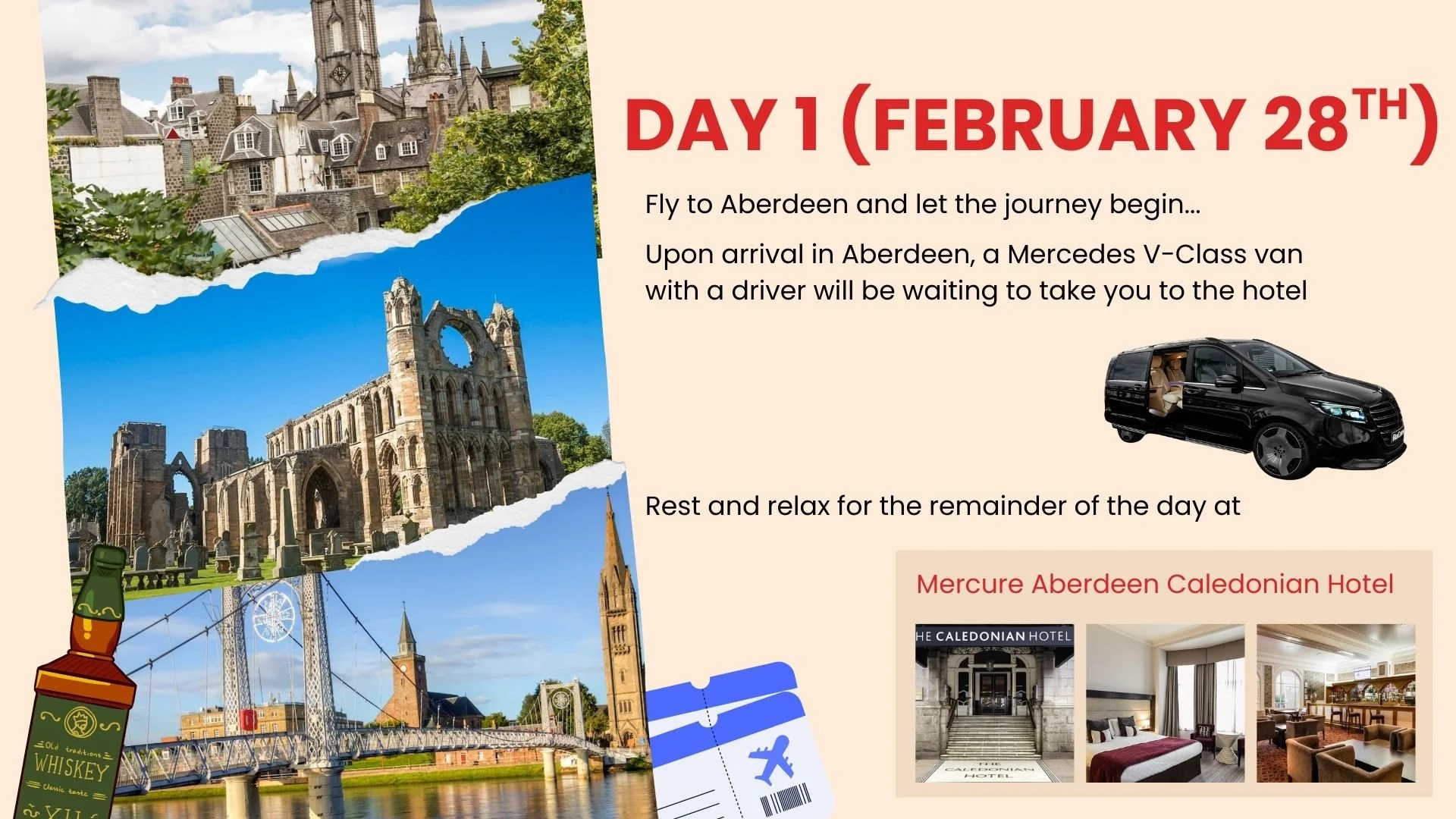 Travel itinerary for day one of a trip, starting in Aberdeen, Scotland, on February 28th. Images include Aberdeen cityscape, historic ruins, and a bridge over water. Text details flying to Aberdeen, hotel stay at Mercure Aberdeen Caledonian Hotel, and transportation via a black van.