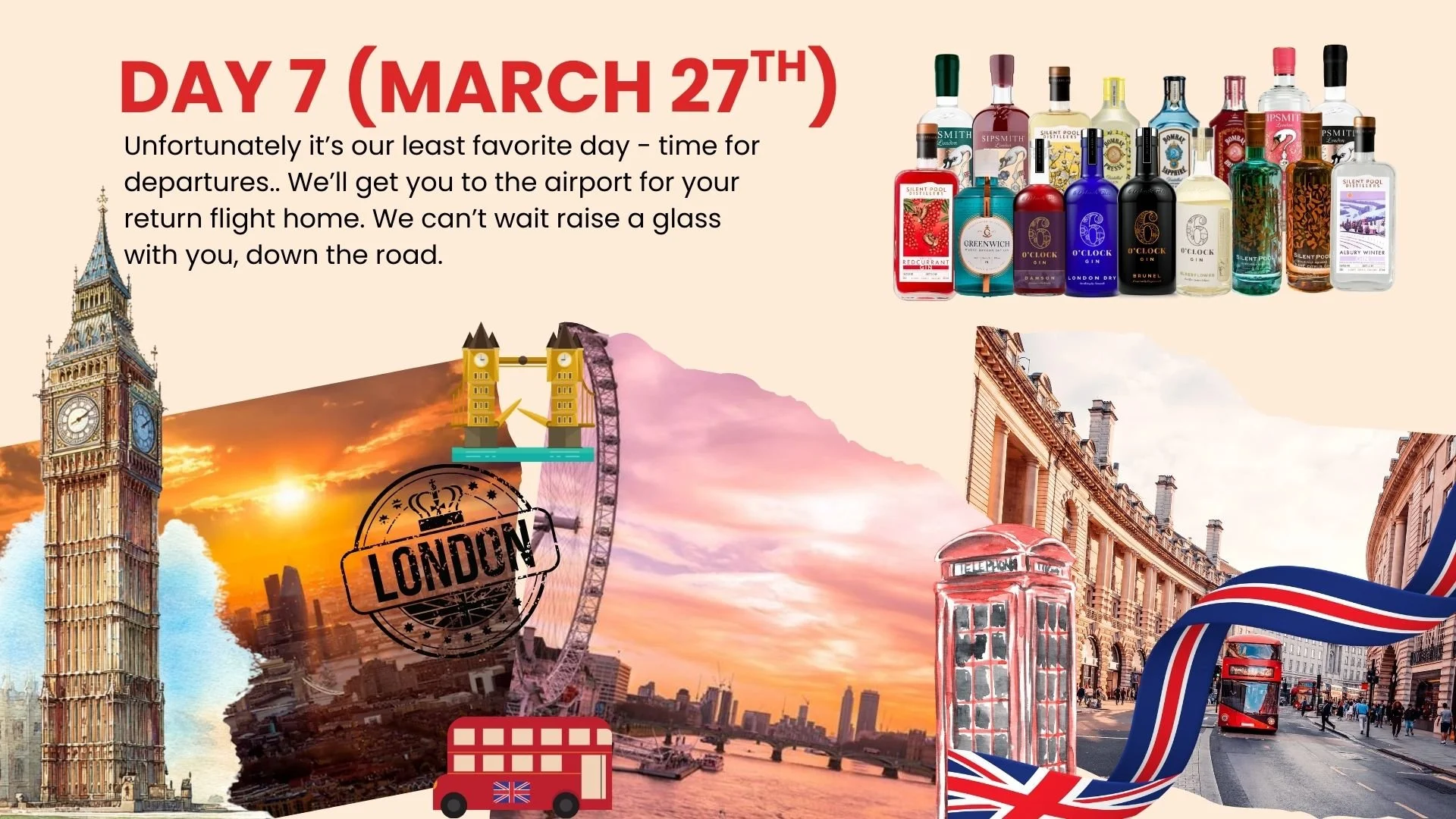 Collage of London landmarks and symbols, including Big Ben, the London Eye, Tower Bridge, a red double-decker bus, a red telephone booth, and a red London Routemaster bus. The background features a sunset over the Thames River. The top right corner displays various bottles of spirits. The image celebrates London, with a stamp-like badge saying "LONDON."