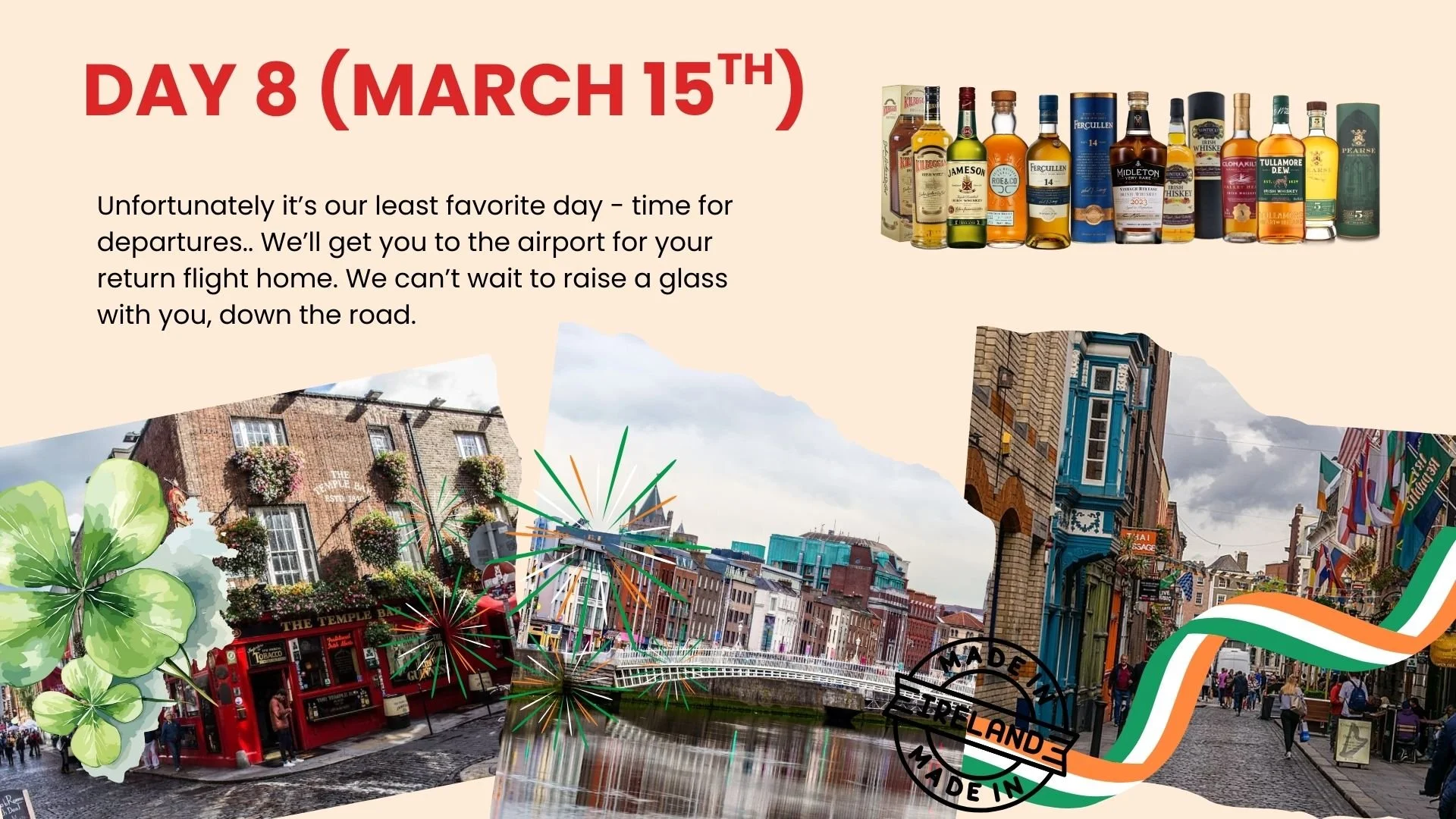 A collage of Irish landmarks including a pub by the river, colorful storefronts, and a Ferris wheel, with shamrocks and a ribbon in the colors of the Irish flag. The text indicates it's day 8 of a trip, March 15th, and reflects on departures and returning home.
