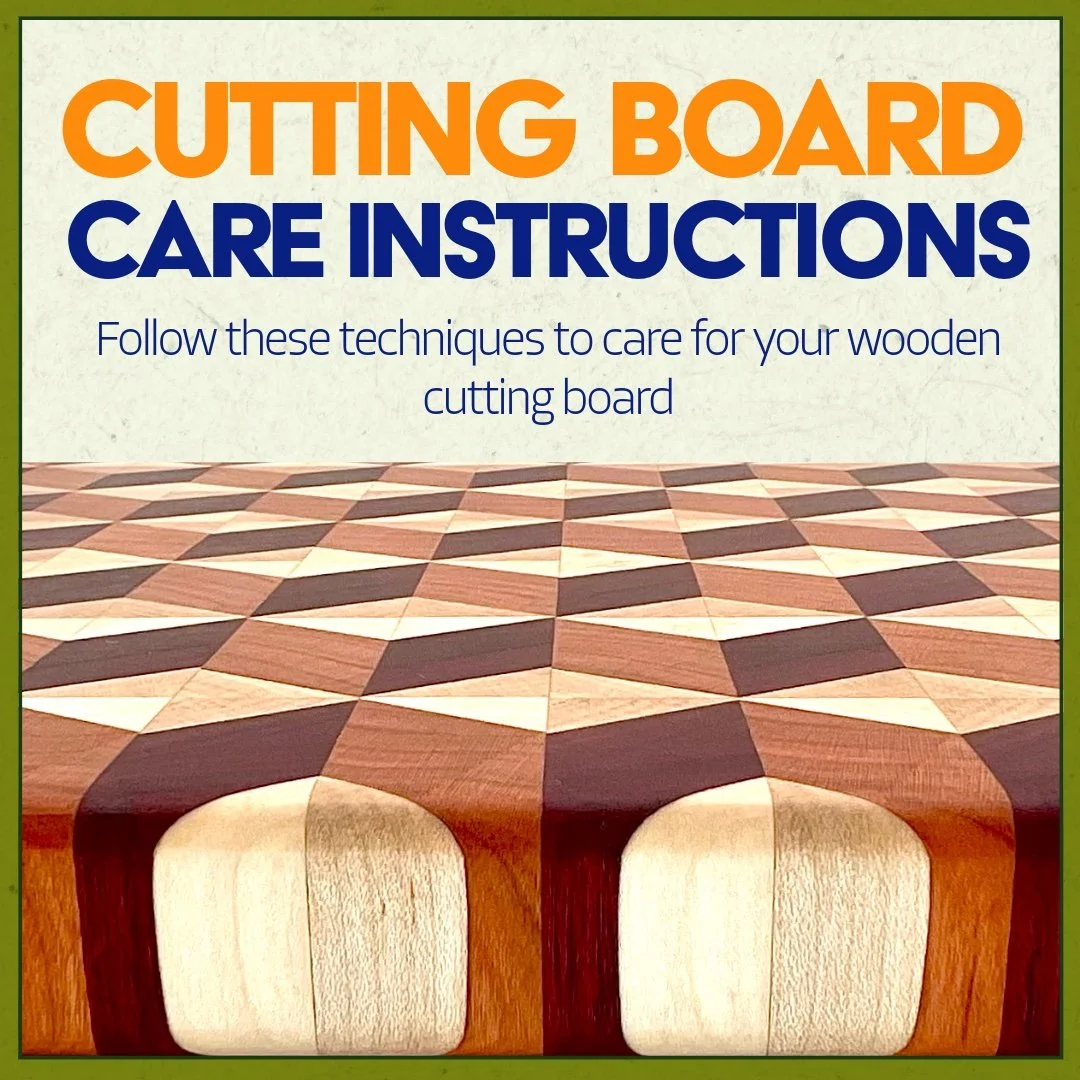 Cutting Board Care Instructions graphic with image of D3 Woodworks geometric cutting board leading people to a link with wooden cutting board care instructions