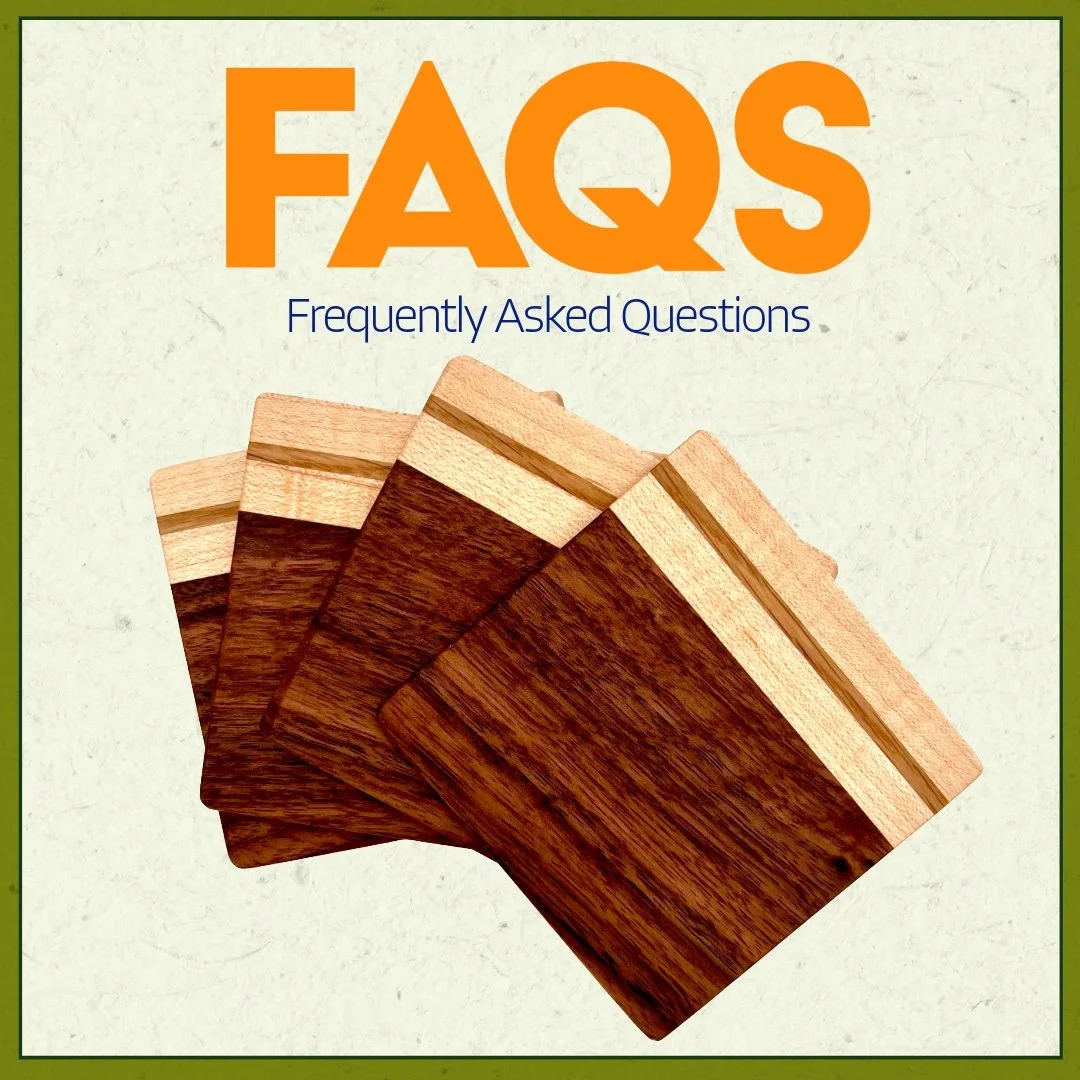 Image with D3 Woodworks coasters and FAQs across the top to lead people to a FAQs page