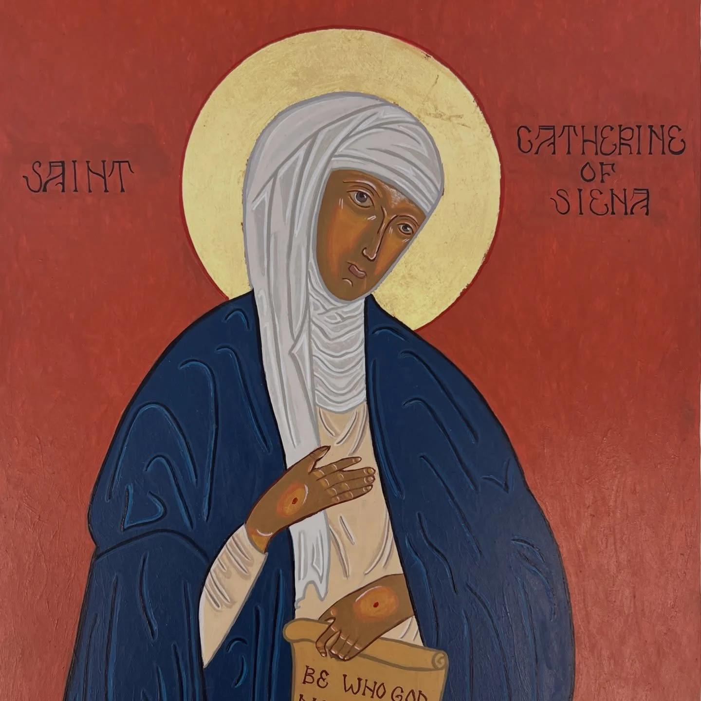 This latest icon is an inspiration from Sigrid Undset&rsquo;s biography of Cathrine of Siena which I recently finished. 

The second photo is icon I saw during my trip to Siena, Italy a couple summers ago, so I went off that (even though it&rsquo;s b