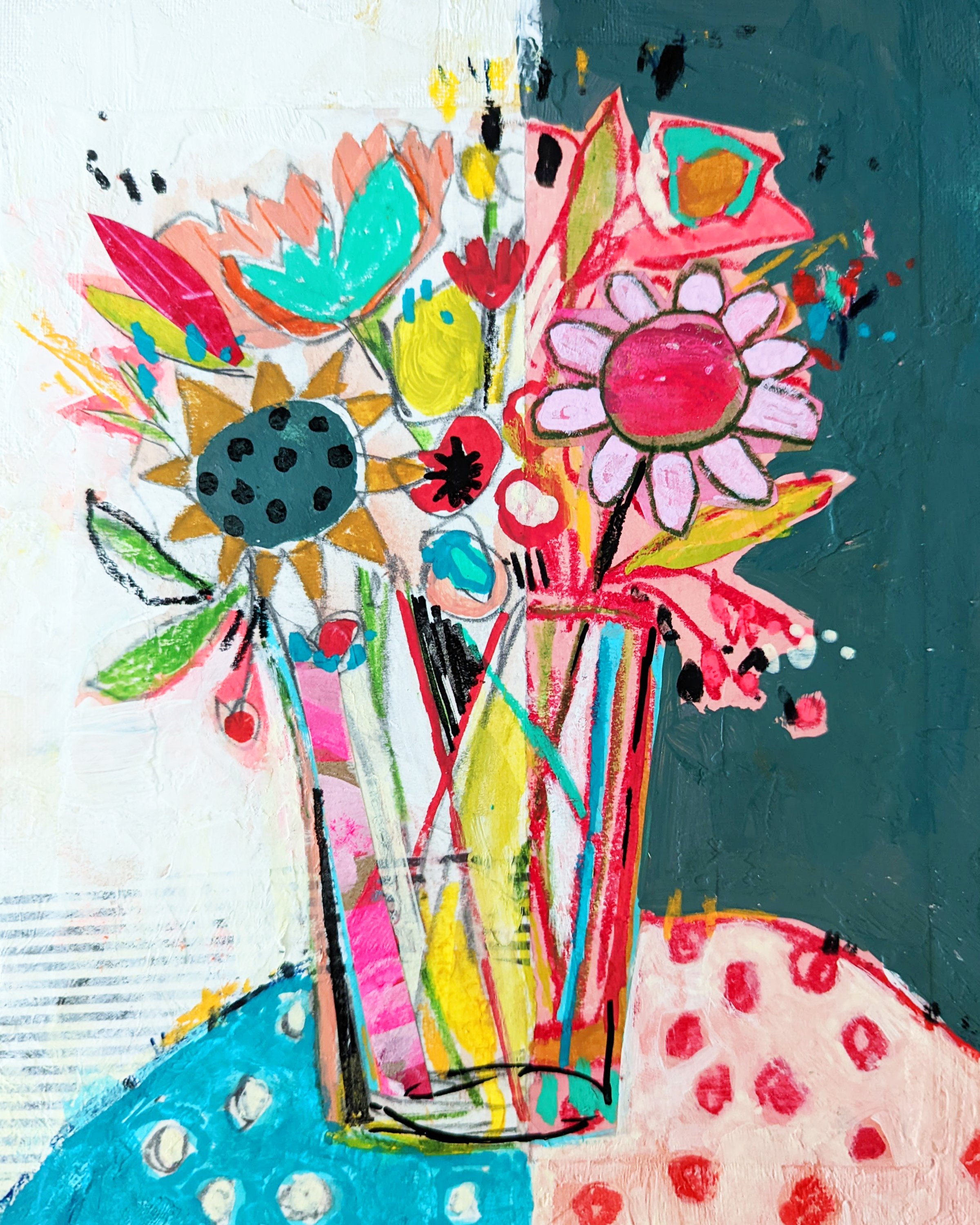 Half & Half Floral - Mixed Media on Wood Panel