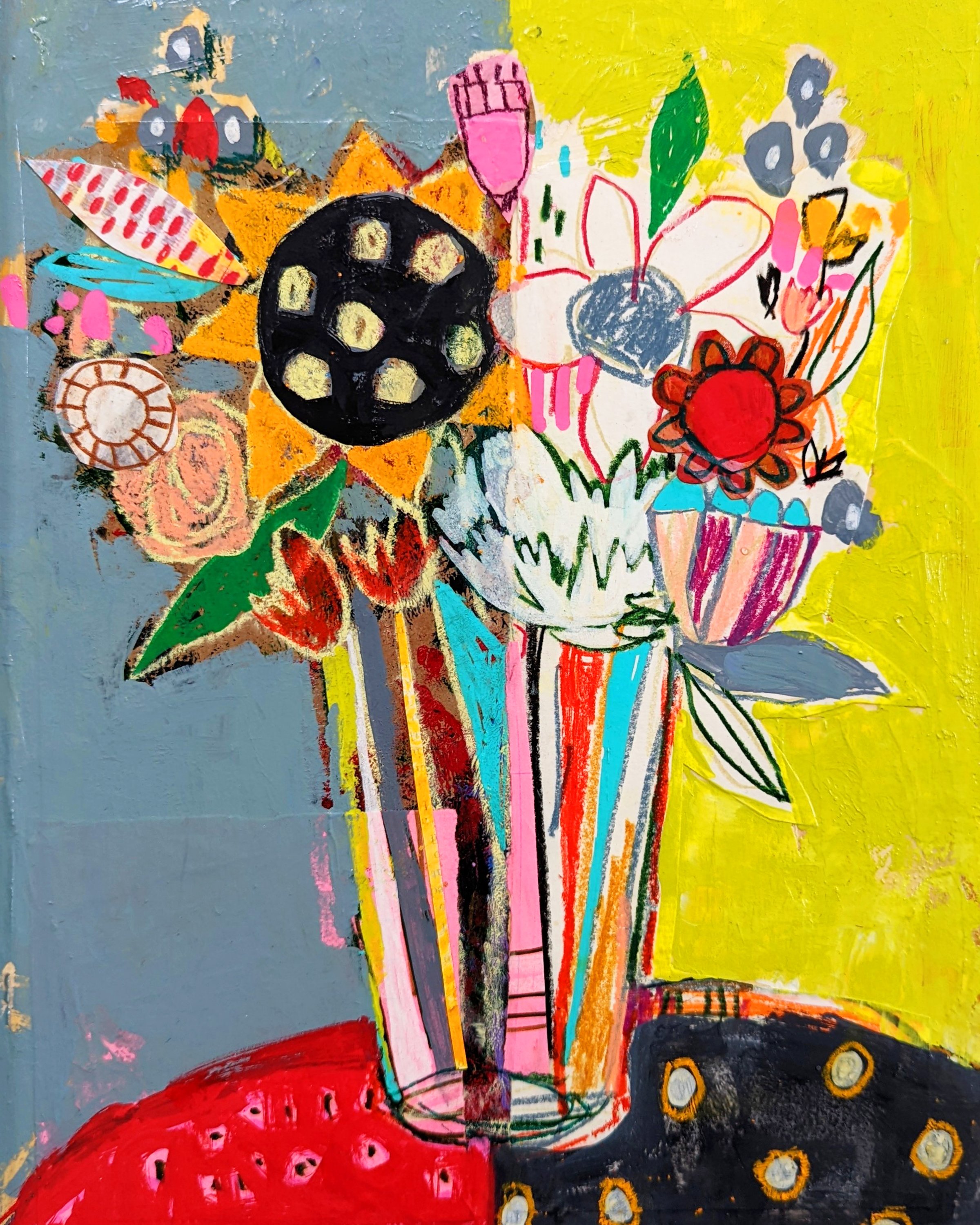 Half & Half Floral - Mixed Media on Wood Panel