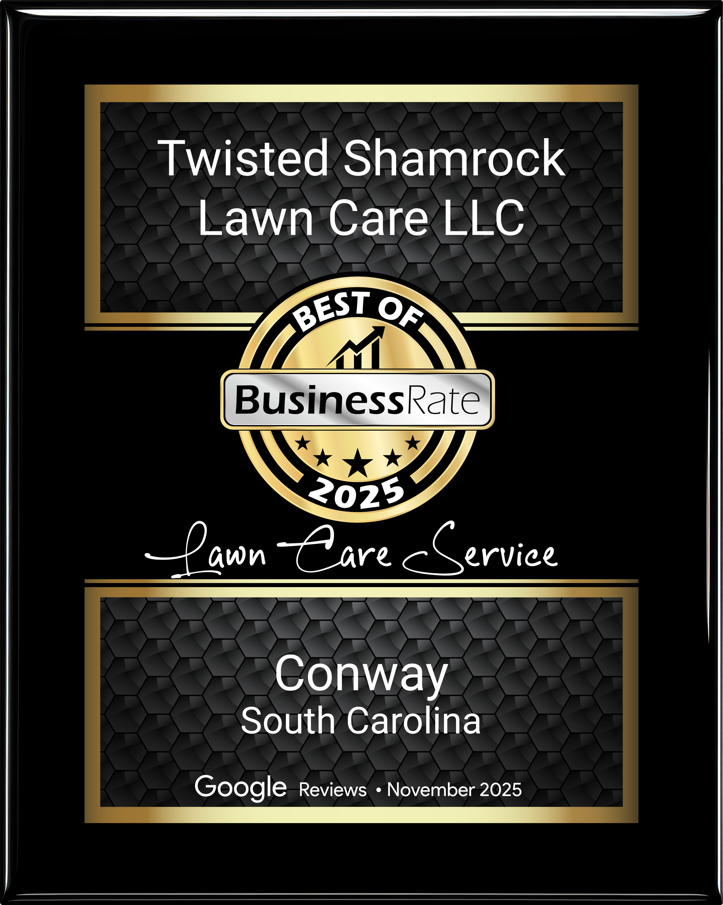 Award label for Twisted Shamrock Lawn Care LLC from Conway, South Carolina, recognizing it as one of the best lawn care services in 2025, based on Google reviews in November 2025.
