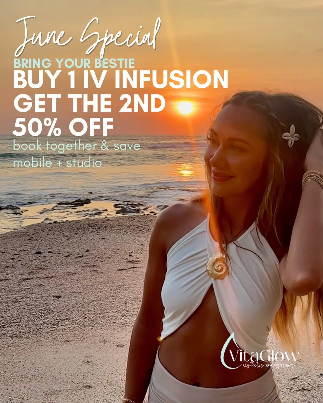 🌞 JUNE SPECIAL 𓇼 ⋆.˚ 𓆉 
Hydration is better with your bestie. 🌊🐚

Whether you&rsquo;re recovering from a lake day, traveling, celebrating, spending a little too much time in the sun, or just needing a wellness reset, we&rsquo;ve got you covered.