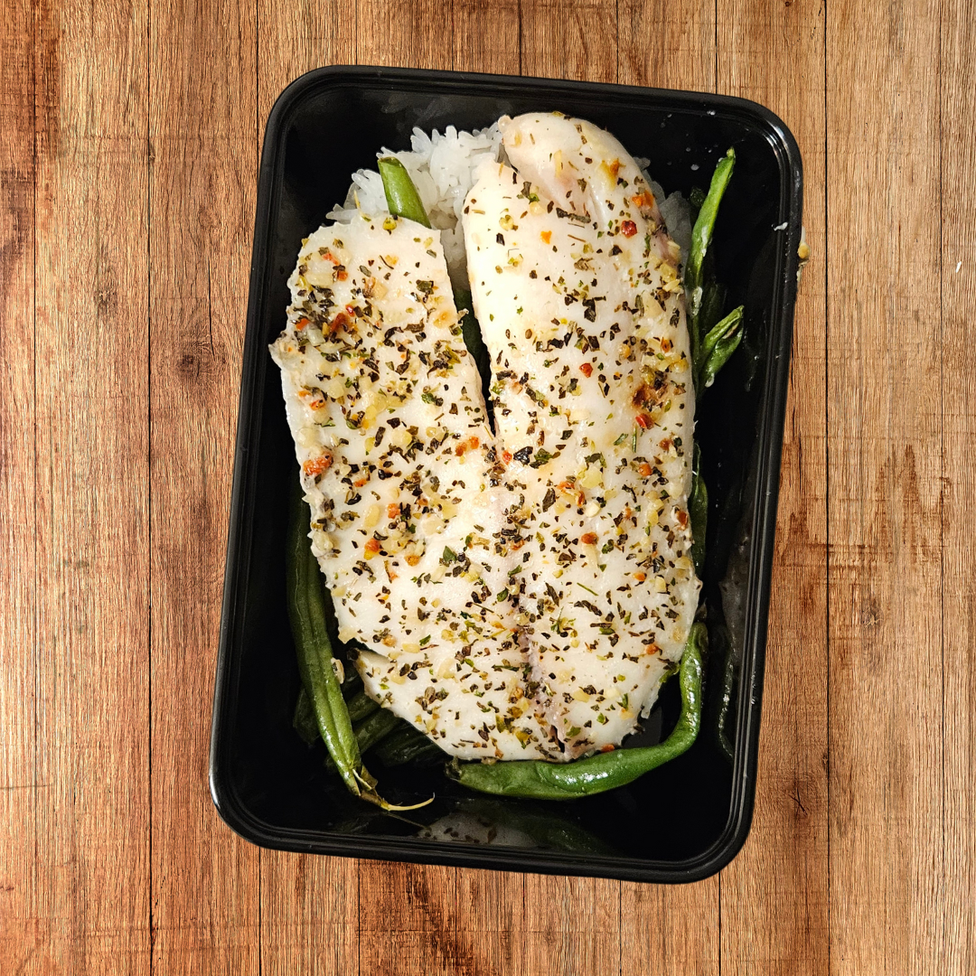 Sweet Basil Tilapia, Green Beans, Jasmine Rice