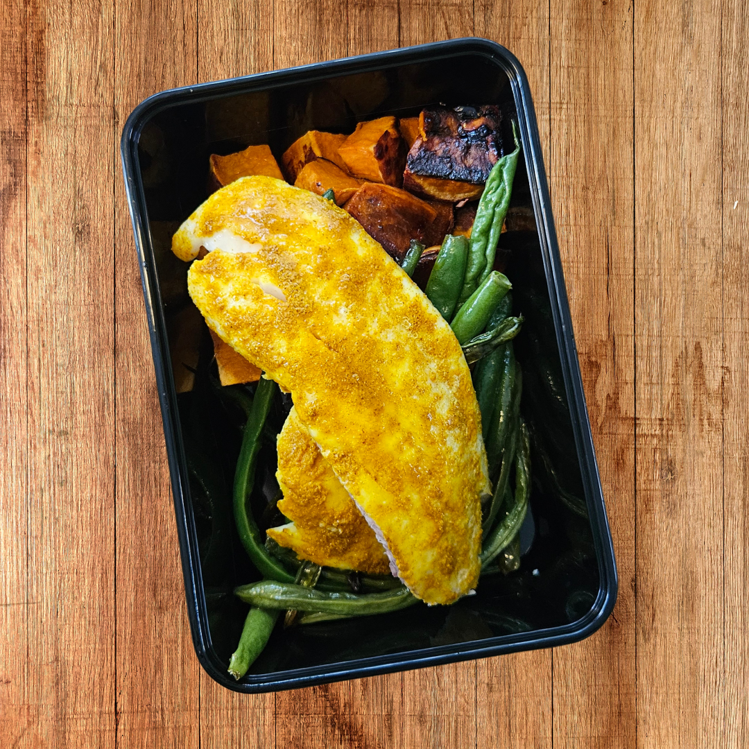 Curry Spiced Tilapia, Green Beans, Yams