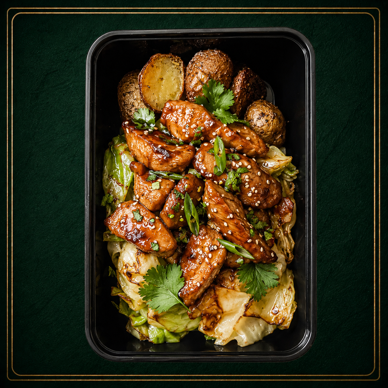 Sesame Ginger Chicken, Roasted Cabbage, Potatoes