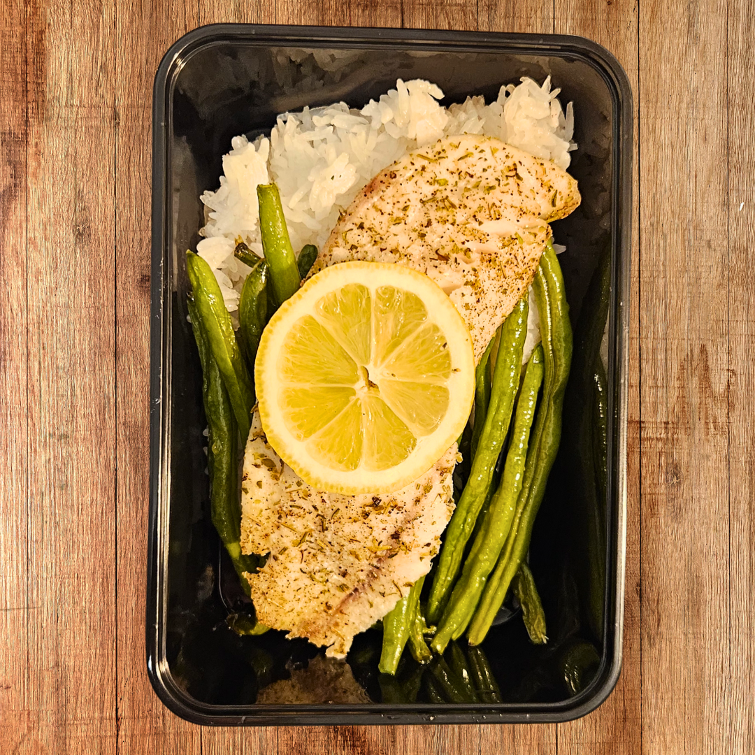 Baked Lemon Tilapia, Green Beans, Jasmine Rice