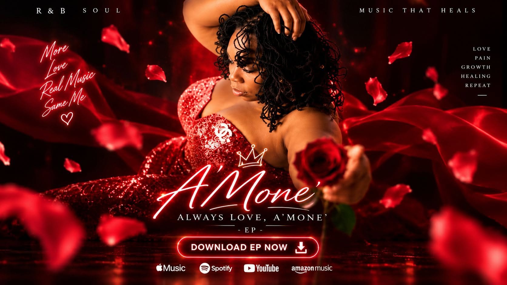 A woman in a red, sequined dress holding a red rose, surrounded by floating rose petals, with promotional text for A'Mone's music EP titled 'Always Love, A'Mone,' encouraging downloads on various music platforms.