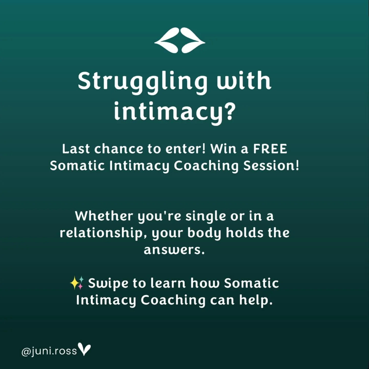 Last Chance to Enter &ndash; IWD Giveaway

🚨 Last chance to win a free 60-minute somatic intimacy coaching session 🚨

Intimacy isn&rsquo;t just about relationships&mdash;it&rsquo;s about how you feel in your own body. Whether you&rsquo;re single or