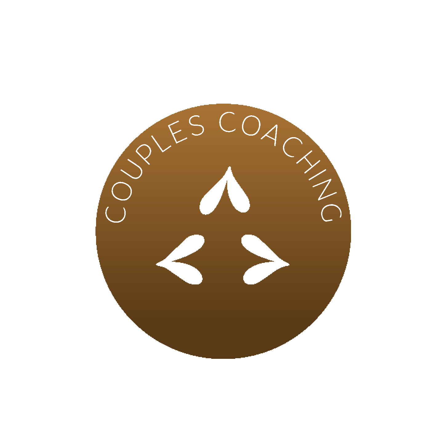 Amber circular graphic with white trip formation reading 'COUPLES COACHING' and three white heart-shaped symbols arranged in a triangular pattern.