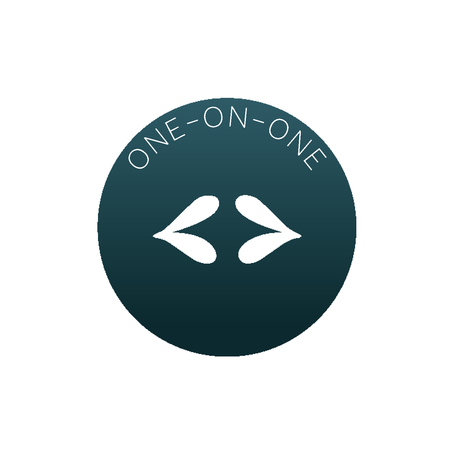 A circular logo with a dark teal background. Inside, there are two white heart-shaped symbols facing each other, resembling a pair of lips or a kiss. Above, the text reads 'ONE-ON-ONE' in white capital letters.