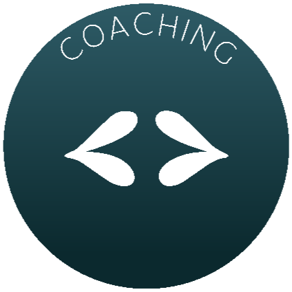 A white graphic of two lips facing each other. Coaching logo with two lips pointing inward and the word 'COACHING' curved above.