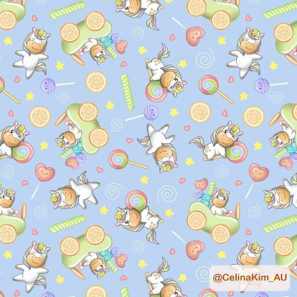 Looking for an adorable pattern for children's apparel? This design is sure to bring smiles and sweetness!

For licensing opportunities, get in touch with @artshinelicensing.

#artshinelicensing #surfacepatterndesign #unicorndesign #cutedesign #candi