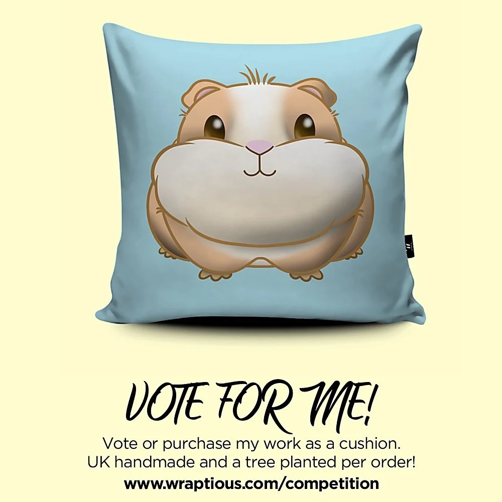 This adorable guinea pig was drawn earlier this year but was left on file storage incomplete 😂.... now time to give it a purpose!

I've entered into the Wraptious cushion design competition, along with two other designs. If this one catches your eye