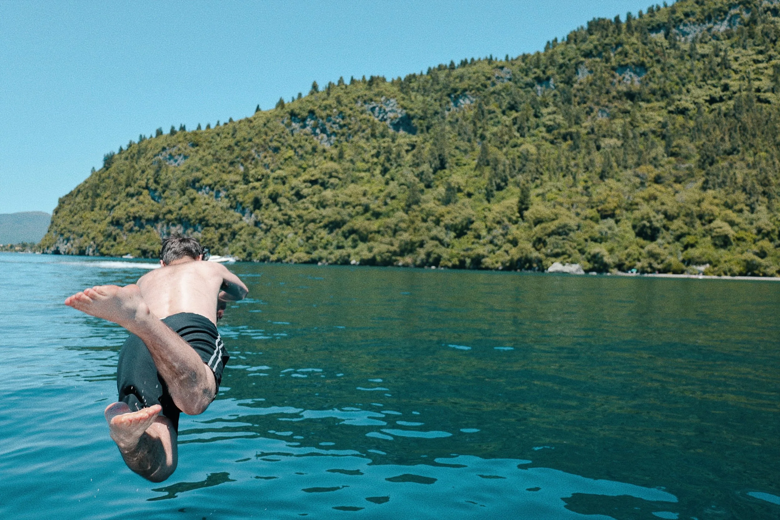 Diving into a lake with a forested hill in the background in Lake Taupo