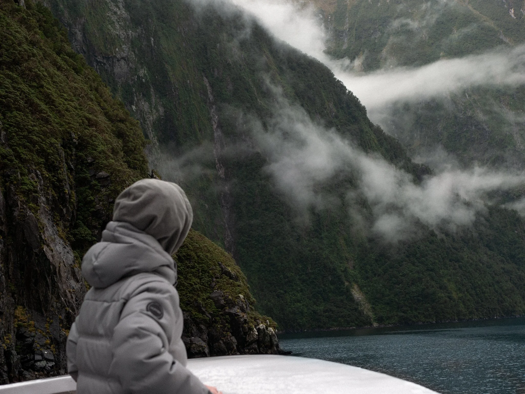 Person in a gray jacket with a hood looking at misty mountain cliffs beside a lake in Milford Sound