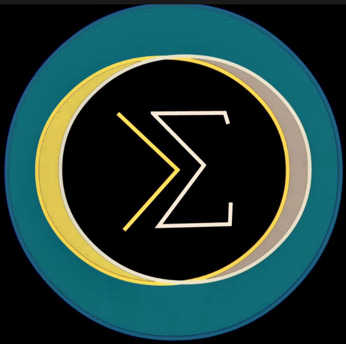 A circular design featuring a black background with a yellow less than sign and a white capital sigma symbol in the center, surrounded by multiple concentric rings in yellow, gray, teal, and dark teal.