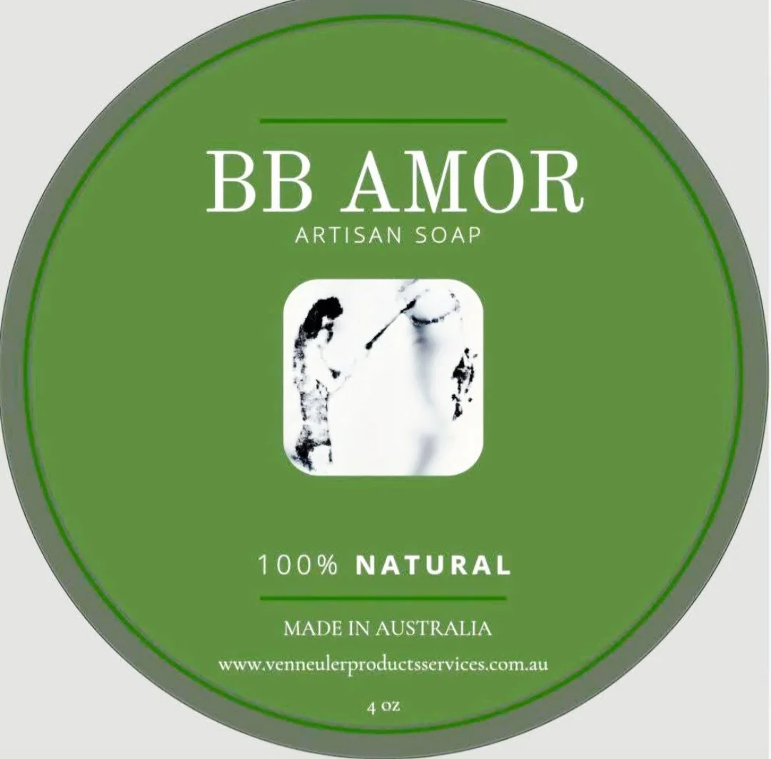 A round label for BB Amour artisan soap, green with white text, features a black and white image of a woman and a large spoon inside a square. It states the soap is 100% natural, made in Australia, and 4 ounces.