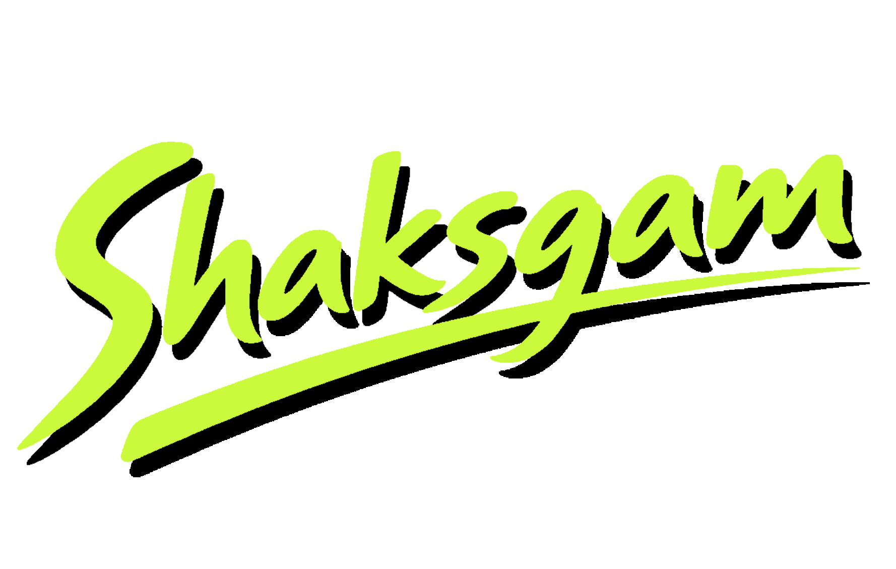 Stylized Shaksgam logo in bright green with cursive font