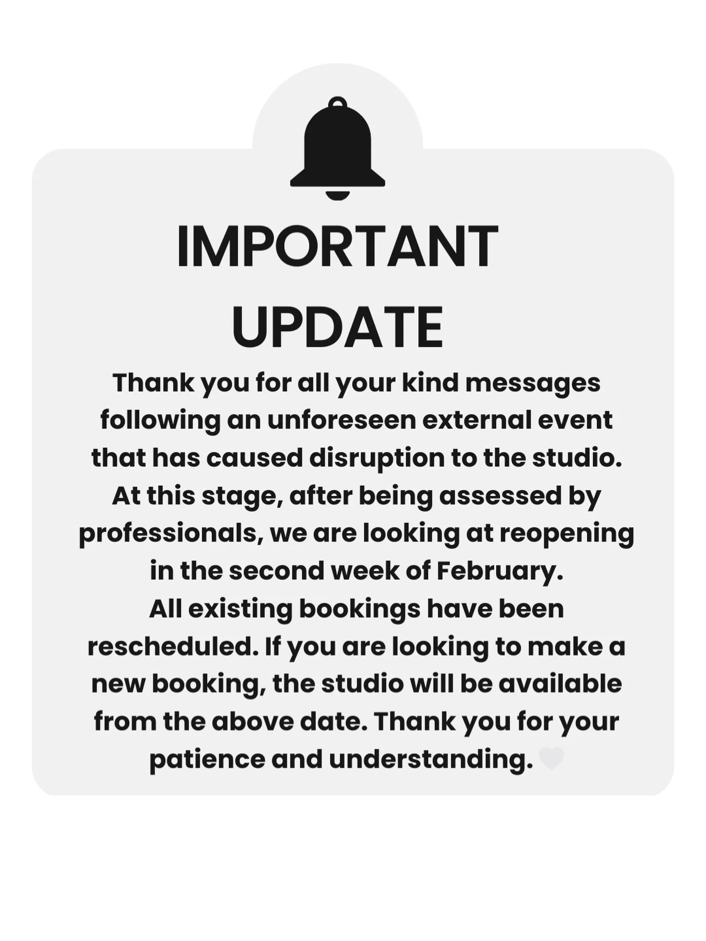 I truly appreciate all the support and understanding I&rsquo;ve received over the past couple of days. Please be assured the studio will be back up and running as normal in the second week of February. If you have any questions, please feel free to r
