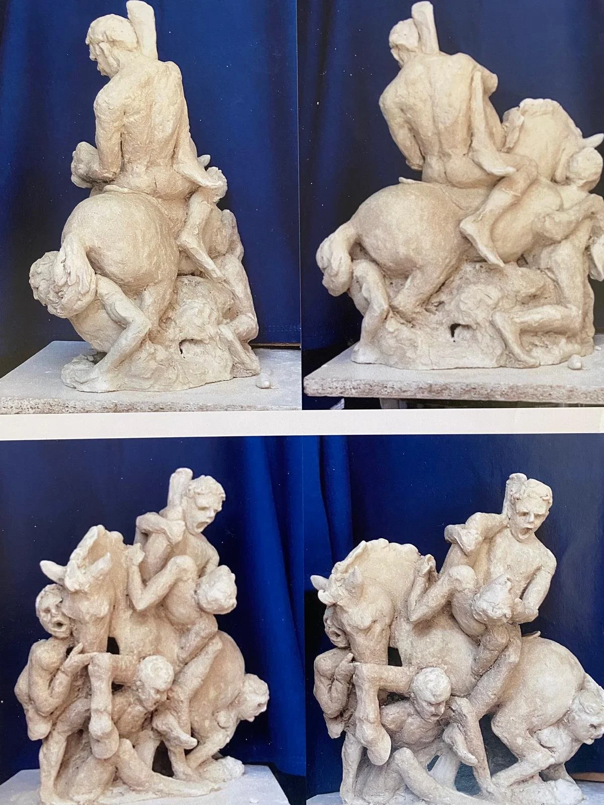 Four views of a detailed sculpture of a woman riding a horse, carved in light-colored stone, set against a dark blue background.
