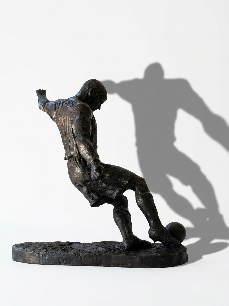 Bronze sculpture of David Beckham kicking a ball, with a shadow cast on a plain white background.