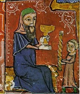The Havdalah service depicted here in the 14th century Barcelona Haggadah.  The ceremony marks the end of the weekly sabbath separating the especial holiness of the sabbath from the working week. A cup of wine is shared by the participants, a spice b